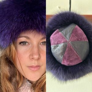 Elegant Vintage 2 tone Purple Fur Leather and Suede Winter Hat